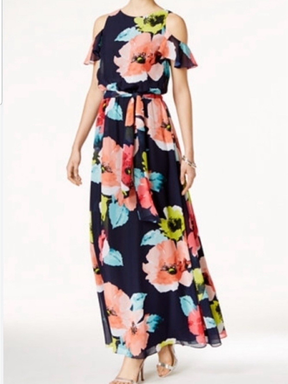 Vince Camuto Navy Floral Cold-Shoulder Maxi Dress
